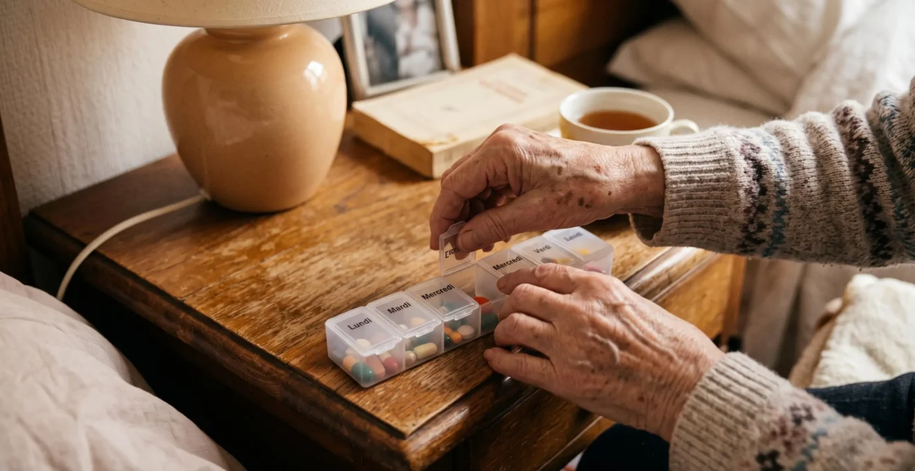 Mains d'une personne âgée ouvrant un pilulier hebdomadaire sur une table de chevet