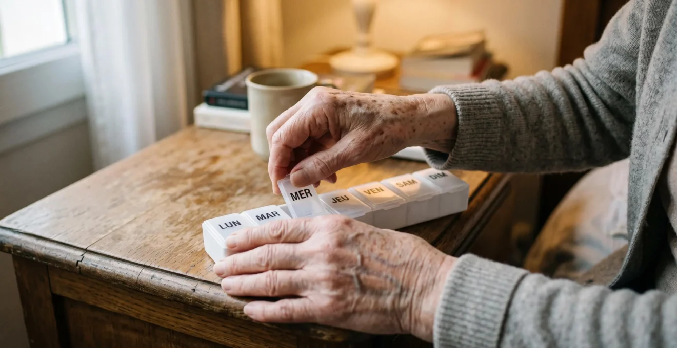 Mains d'une personne âgée ouvrant un pilulier hebdomadaire sur une table de chevet