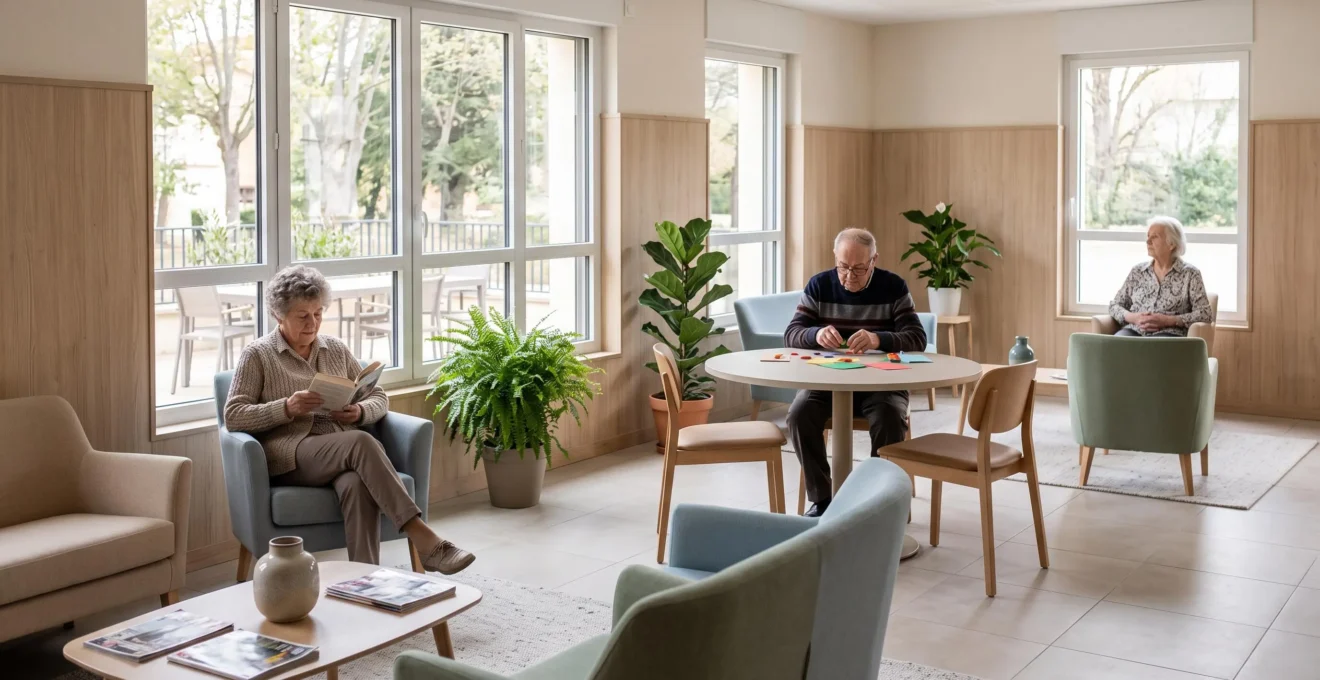 Salle commune d'un EHPAD moderne avec résidents dans des activités individuelles paisibles