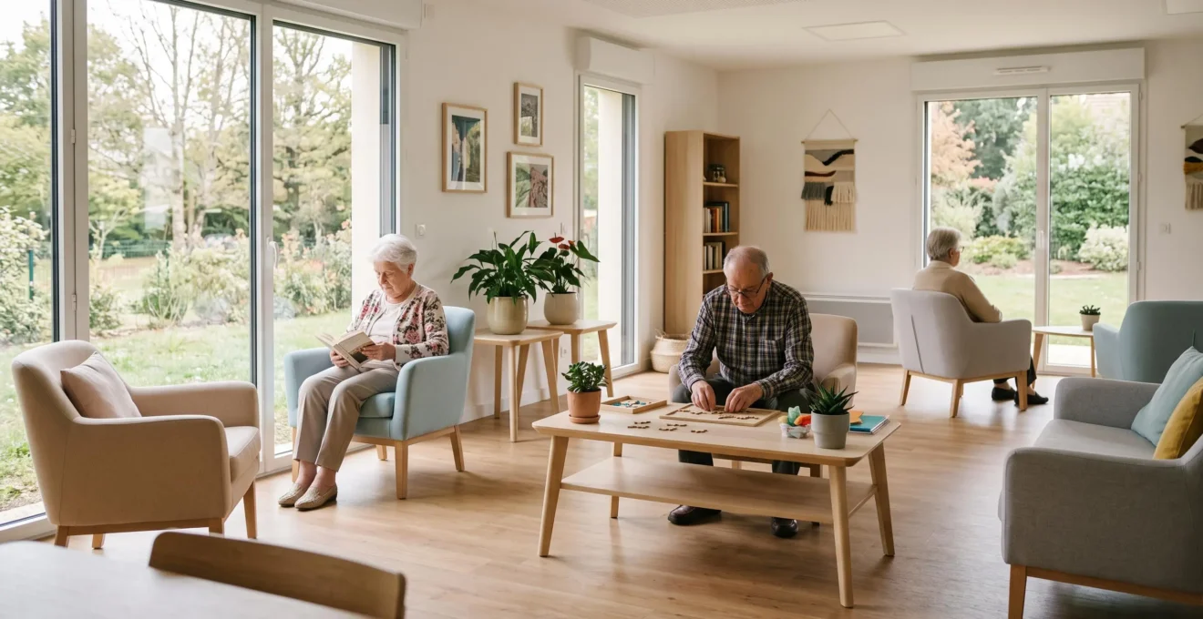 Salle commune d'un EHPAD moderne avec résidents dans des activités individuelles paisibles