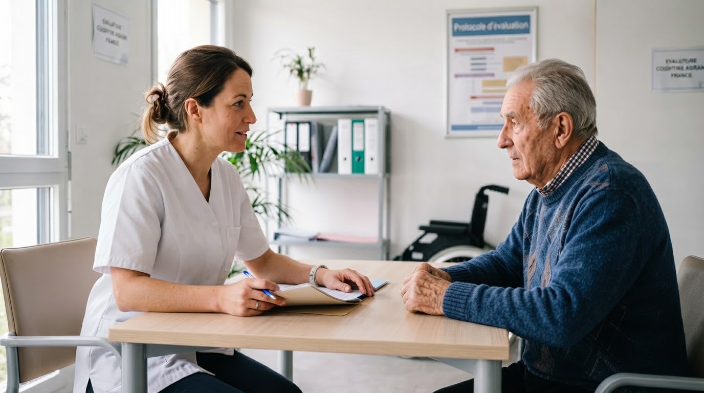 Professionnelle de santé conduisant une évaluation avec une personne âgée dans un bureau médical d'EHPAD