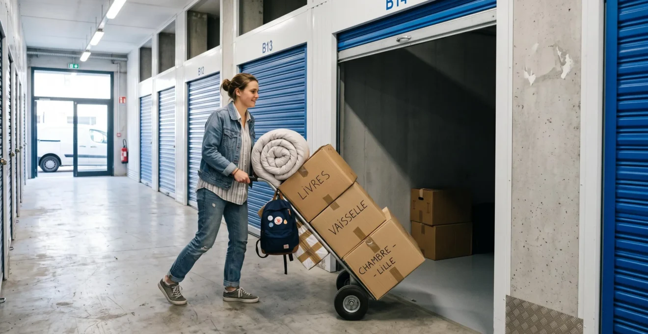 Un étudiant pousse un diable chargé de cartons vers son box de stockage.