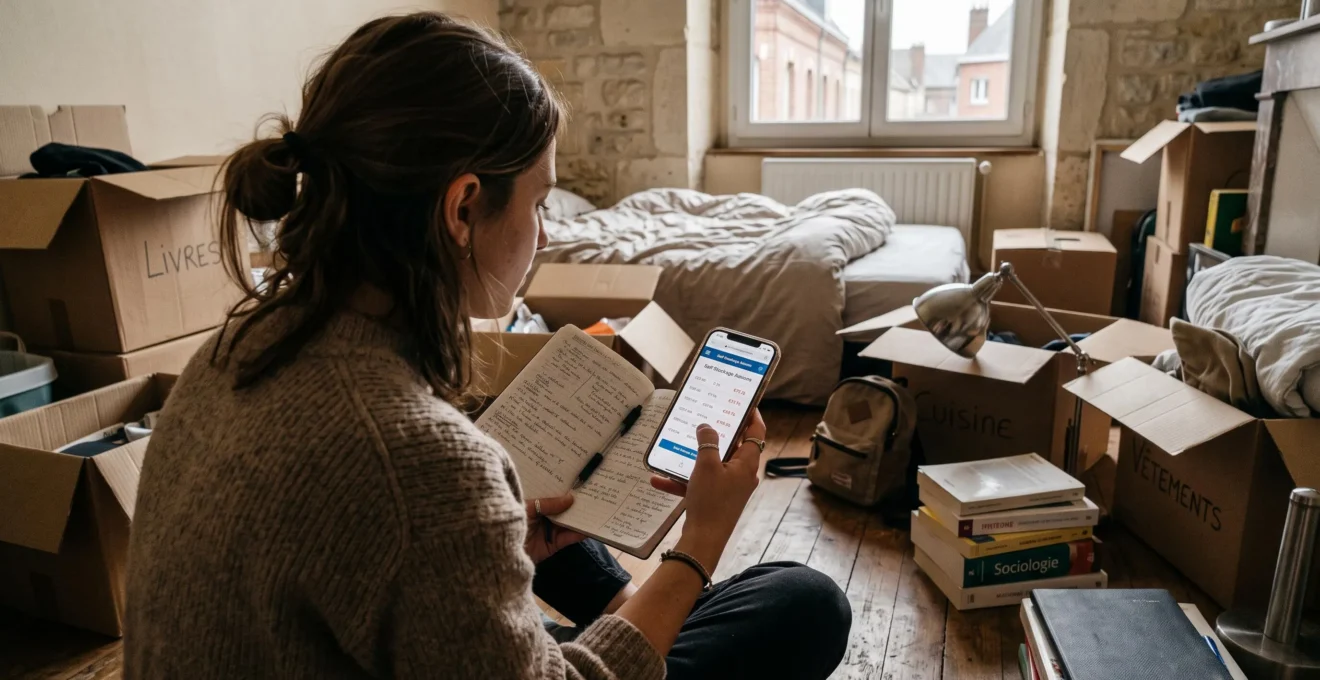 Une étudiante compare des prix de location sur son téléphone entourée de cartons.